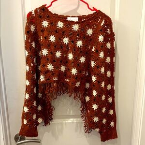 NWT House of Harlow 1960 cinnamon and ivory Crochet fringed poncho Sweater